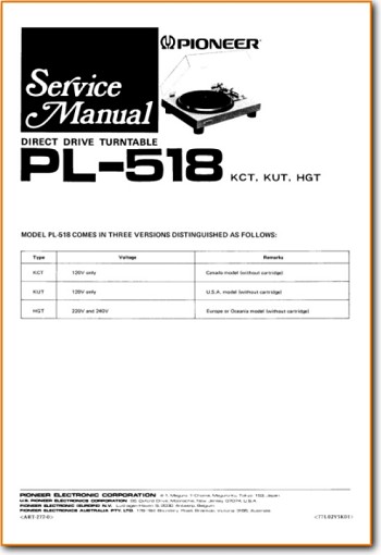 Pioneer PL-518 Turntable Record Player Main Technical Manual - PDF & Tech Help* | English