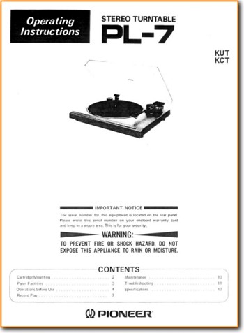 Pioneer PL-7 Turntable Record Player Main User Book - PDF & Tech Help* | English