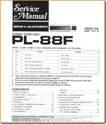 Pioneer PL-88-F Turntable Record Player Main Technical Manual - PDF & Tech Help* | English