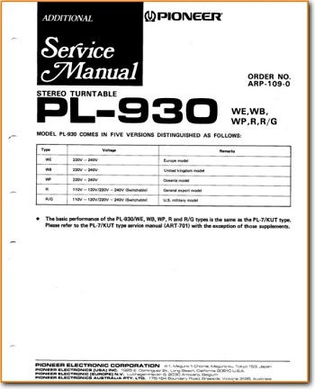 Pioneer PL-930 Turntable Record Player Main Technical Manual - PDF & Tech Help* | English