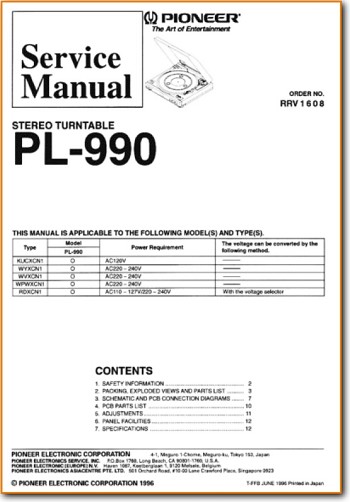 Pioneer PL-990 Turntable Record Player Main Technical Manual - PDF & Tech Help* | English