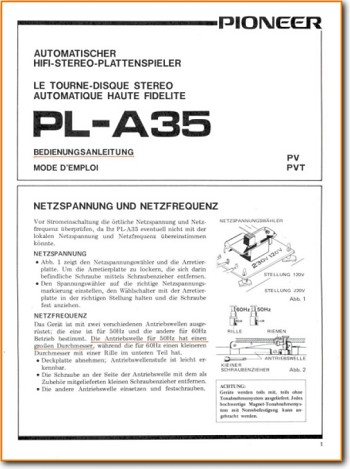 Pioneer PLA-35 Turntable Record Player Main User Book - PDF & Tech Help* | German