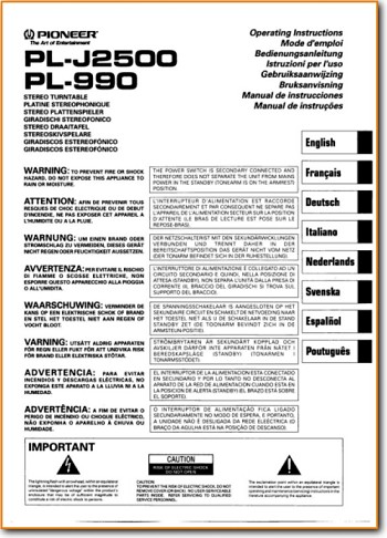 Pioneer PLJ-2500 Turntable Record Player Main Technical Manual - PDF & Tech Help* | English