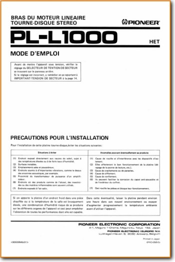 Pioneer PLL-1000 Turntable Record Player Main User Book - PDF & Tech Help* | French