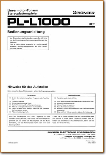 Pioneer PLL-1000 Turntable Record Player Main User Book - PDF & Tech Help* | German