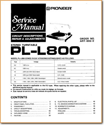 Pioneer PLL-800 Turntable Record Player Main Technical Manual - PDF & Tech Help* | English