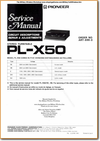 Pioneer PLX-50 Turntable Record Player Main Technical Manual - PDF & Tech Help* | English