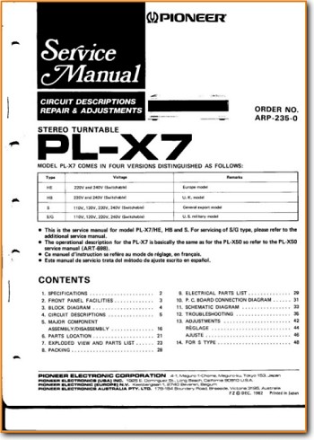 Pioneer PLX-7 Turntable Record Player Main Technical Manual - PDF & Tech Help* | English
