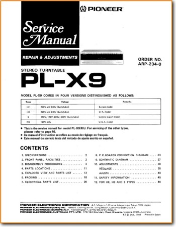 Pioneer PLX-9 Turntable Record Player Main Technical Manual - PDF & Tech Help* | English