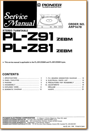Pioneer PLZ-81 Turntable Record Player Main Technical Manual - PDF & Tech Help* | English