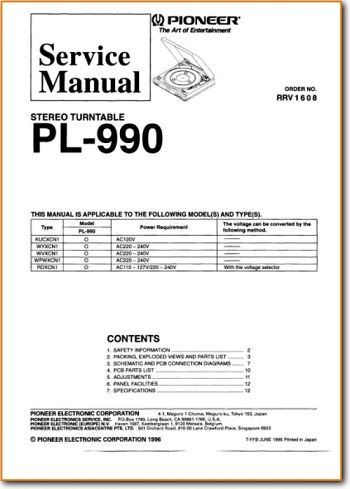 Pioneer PLZ-990 Turntable Record Player Main Technical Manual - PDF & Tech Help* | English
