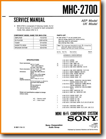 Sony MHC-2700 Mini Shelf System Main Technical Manual - PDF & Tech Help* | English