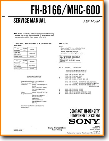 Sony MHC-600 Mini Shelf System Main Technical Manual - PDF & Tech Help* | English