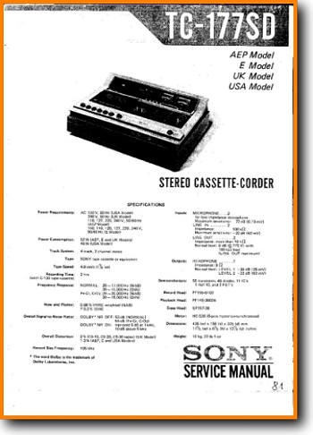 Sony TC-177-SD Tape Player Main Technical Manual - PDF & Tech Help* | English
