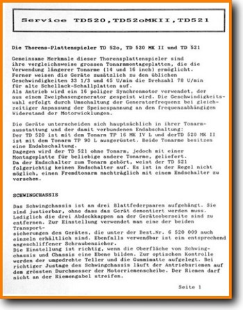 Thorens TD-520 Turntable Record Player Main Technical Manual - PDF & Tech Help* | German