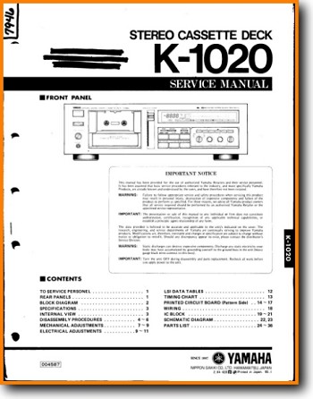 Yamaha K-1020 Tape Player Main Technical Manual - PDF & Tech Help* | English